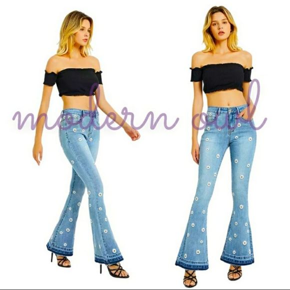 Luxury Daisy Flower Flare Frayed Hem Jeans Sizes XL 14-16 XXL 16-18 - Picture 3 of 16